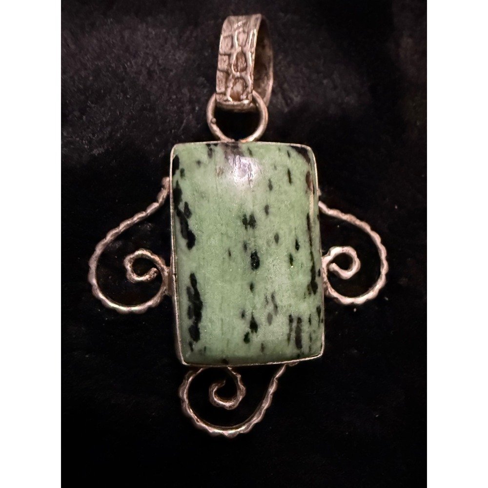 Vintage Sterling Silver 925 Green Black Speckled Stone Artisan Scroll Pendant